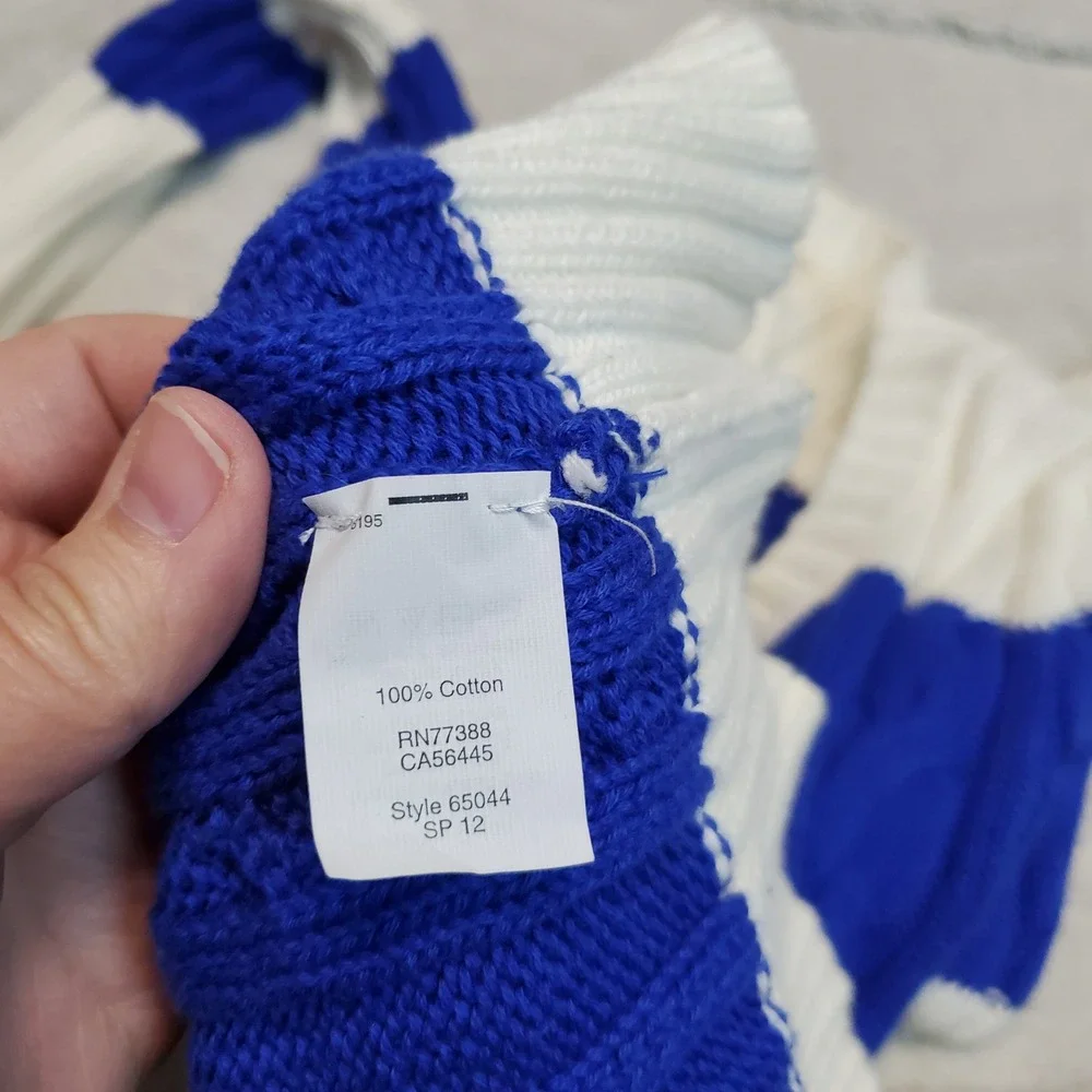 J. Crew White Blue Striped Cable Knit Sweater Small Preppy Chunky Cozy Cotton